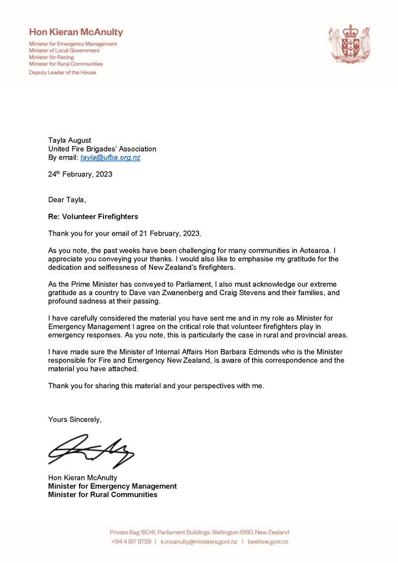 Response letter from Kieran McAnulty, Minister of Emergency Management